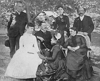 A Garden Party, Boston, Massachusetts, 1885. Standing: Edwin Booth, Fanny N. D. Murfee, James M. Bugbee. Sitting: Mary Noailles Murfree, Thomas Bailey Aldrich, Mrs. Aldrich, Elizabeth Harris Houghton. From Edd Winfield Parks, Charles Egbert Craddock (Chapel Hill: University of North Carolina Press, 1941), 127.