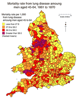 Mortality rate from lung disease among men aged 45–64, 1861 to 1870. From the Great Britain Historical Geographic Information System, 2012. Courtesy of Humphrey Southall.