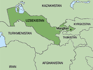 Map showing location of Margilan, Uzbekistan.
