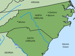 Map of North Carolina and South Carolina, United States.