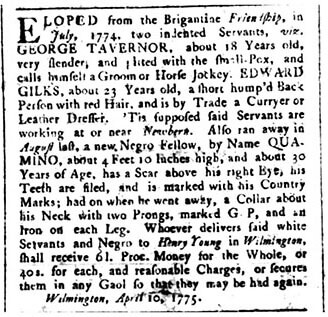 Advertisement for a runaway slave, North Carolina Gazette, May 5, 1775. Courtesy of the North Carolina Runaway Slave Advertisements database.