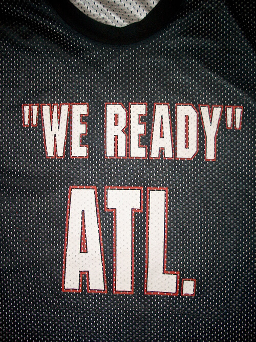 Image of Atlanta rap slogan “‘We Ready’ ATL.” on a basketball jersey. Photograph by Matt Miller, 2007. Courtesy of Matt Miller.