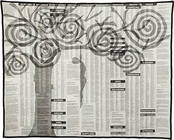 The Blood of the Slaughtered I, 2001. © Gwendolyn A. Magee. Pieced, quilted, stitched, and appliquéd fabrics, with cording. 70''x85.5''. Collection of the Gwendolyn Ann Magee Estate, D. E. Magee, administrator. Photography © 2014 Dave Dawson Photography.