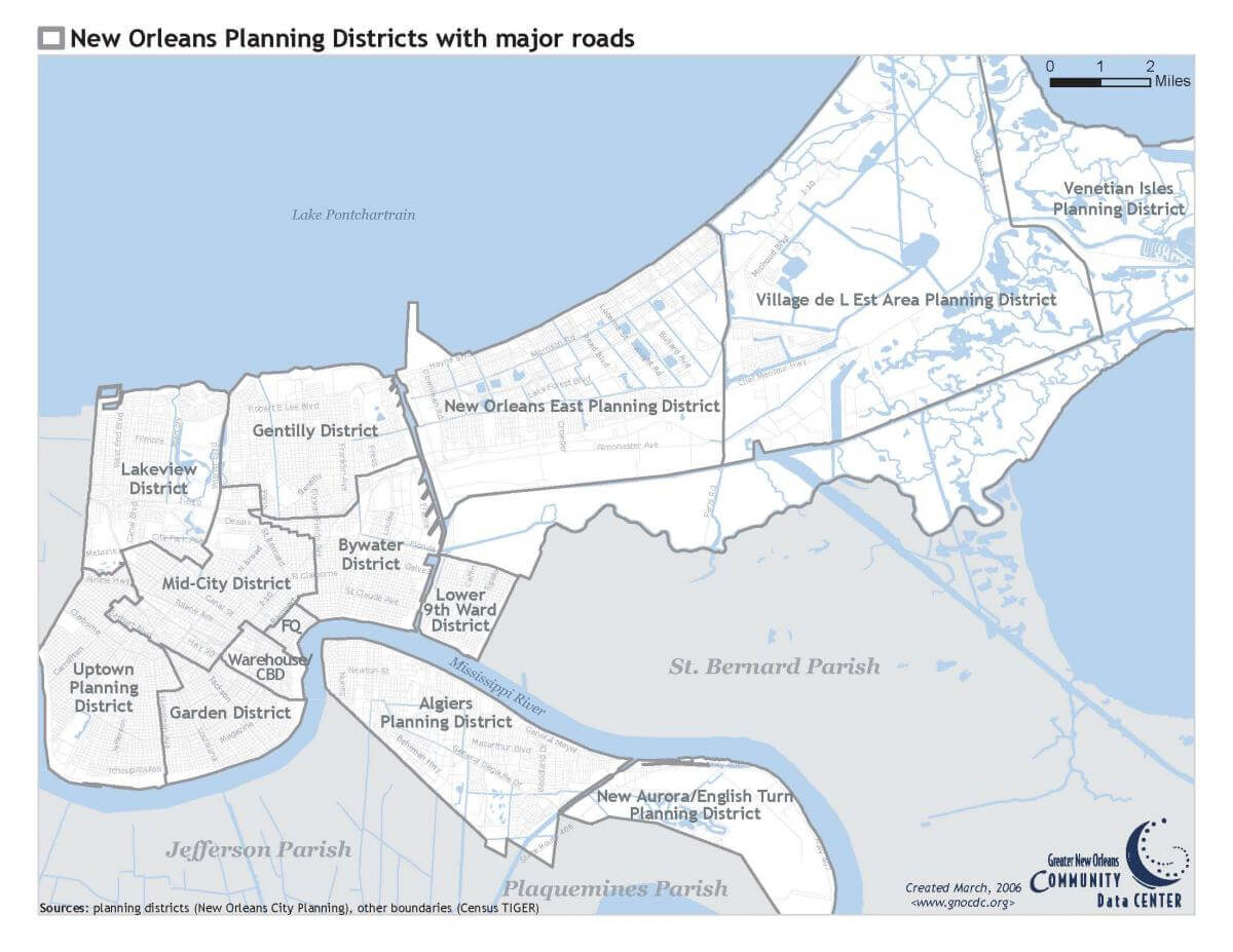 New Orleans Planning Districts with major roads, March 2006. Map by unknown creator. Courtesy of the Greater New Orleans Community Data Center.