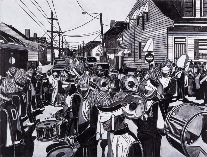 Willie Birch, Martin Luther King Day Parade, 2003. Acrylic and charcoal on paper, 72 x 96 inches. Courtesy of the artist and Arthur Roger Gallery.