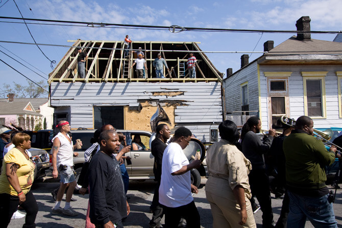 Jazz funeral for K-Boo, a twenty-four year old murder victim, Tremé neighborhood, New Orleans, LA, February 19, 2011. Photograph by Derek Bridges.