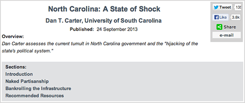 Share bar for "North Carolina: A State of Shock" by Dan T. Carter, 2013. Courtesy of Southern Spaces.