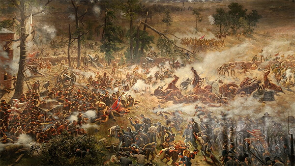 Enlarged detail of the Troup Hurt house and the four-gun De Gress Battery (right of the house), which were temporarily captured by Confederate infantry on the afternoon of July 22, 1864, Battle of Atlanta Cyclorama, 1886. Painting by the American Panorama Company.