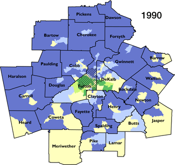 Atlanta Metropolitan Statistical Area segregation and integration by census tract for 1990. Sources: Cashin 2004; Wiggins, Morello, and Keating 2011; 2000 and 2010 Census; author.