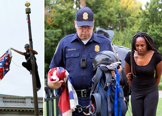 Brittany "Bree" Newsome taking down the Confederate flag from the South Carolina state capitol, June 27, 2015. Photographs by Flickr user R. Kurtz. Creative Commons license CC BY-NC-ND 2.0.