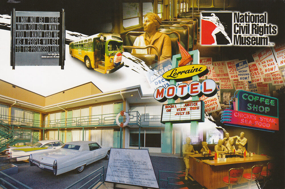 Postcard featuring iconic images and paraphernalia from the civil rights movement, sold at the National Civil Rights Museum, Lorraine Motel, Memphis, Tennessee, March 31, 2013. Photograph of postcard courtesy of Erick Alvarado. © Erick Alvarado, 2013.