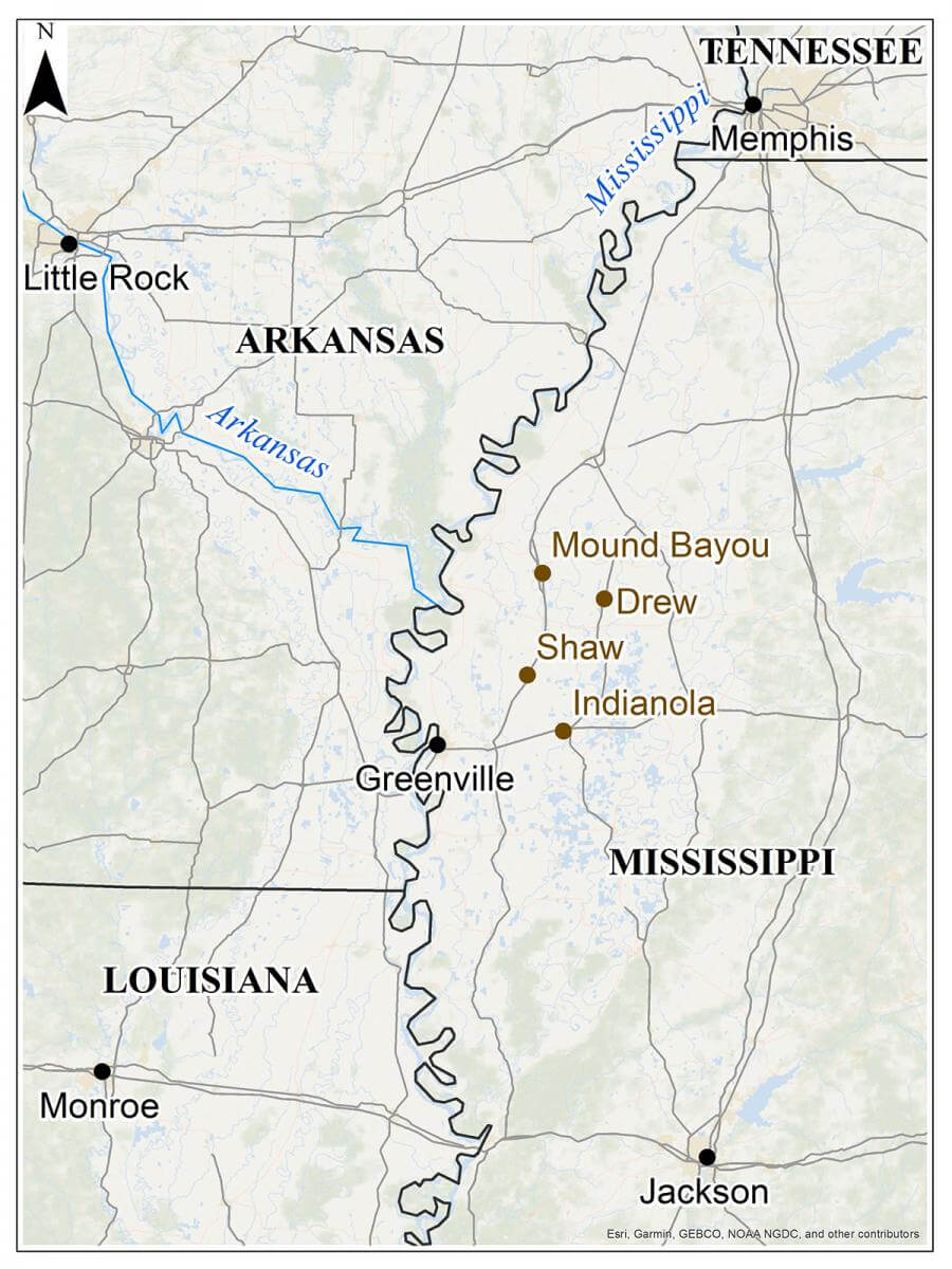 Map showing the Mississippi Delta and surrounding Mississippi cities of Greenville, Mound Bayou, Drew, Shaw, and Indianola, as well as Memphis, Tennessee, and Monroe, Louisiana