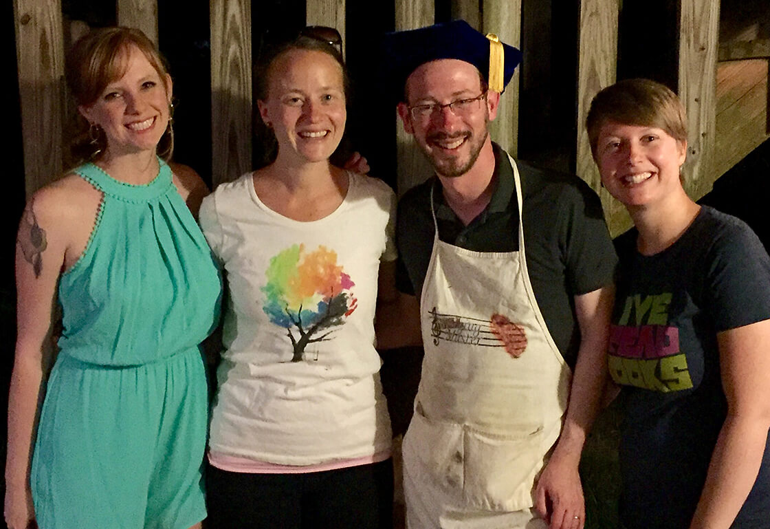 Generations of past Southern Spaces managing editors (from left to right): Jordan Johnson, Meredith Doster, Jesse P. Karlsberg, and Katie Rawson. 2016.