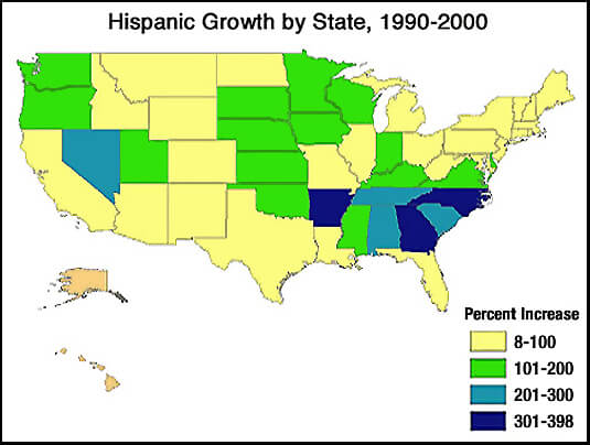 US Map: Hispanic Growth by State, 1990-2000