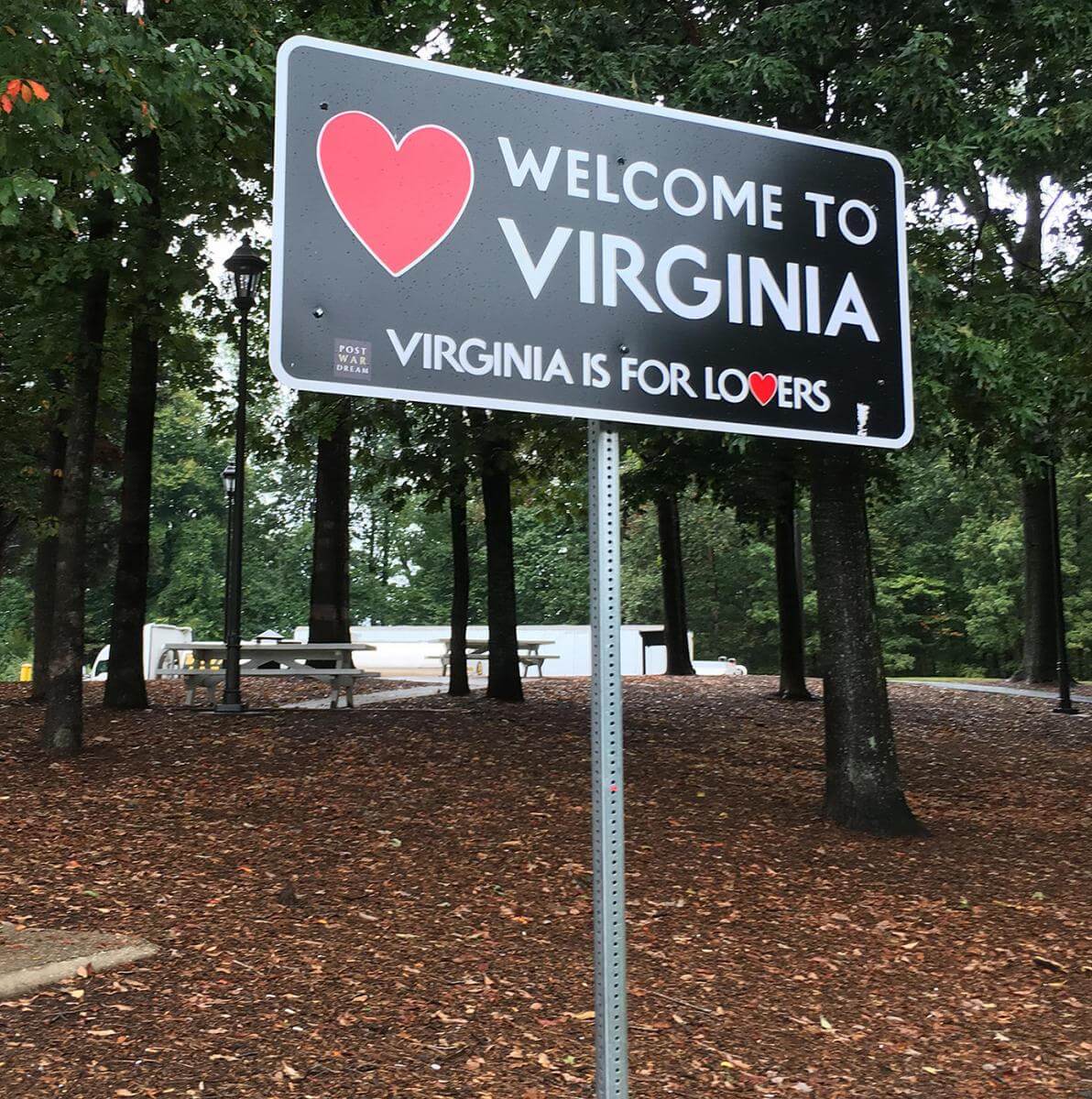 Welcome to Virginia: Virginia is for Lovers. Road sign near rest stop, Fredericksburg, Virginia, September 2016. Photograph by Eric Solomon. Courtesy of Eric Solomon.