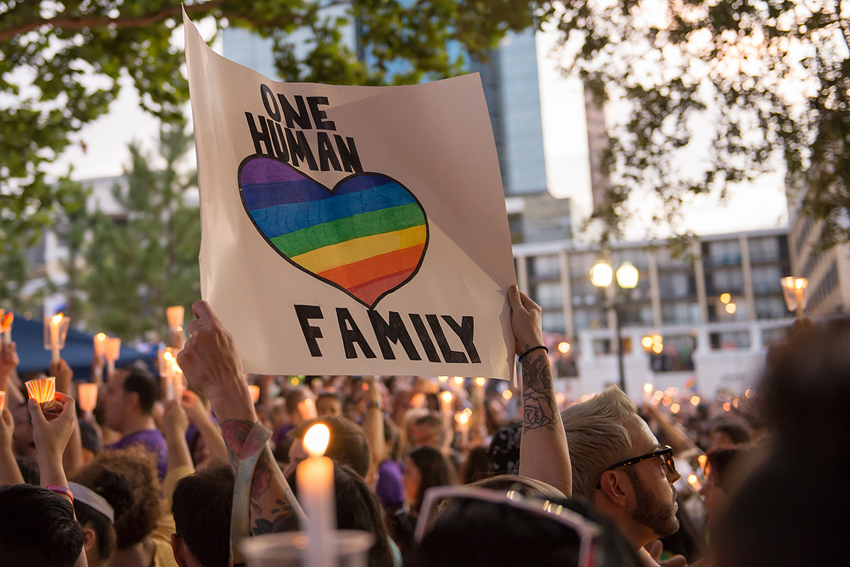 One Human Family sign, memorial for Pulse, Orlando, Florida, June 19, 2016. Photograph by Flickr user George Malioras. Creative Commons license CC BY-NC 2.0