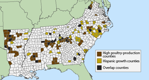 Rapid Hispanic growth counties. United States Department of Agriculture, Economic Research Service. 1987, 1992, 1997 Census of Agriculture and 1990, 2000 Census of Population. Map courtesy of Southern Spaces.