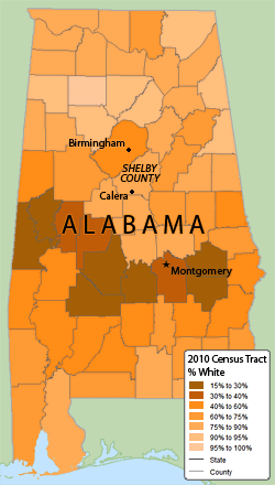 Map of Alabama with percentage of white population. Map based on image courtesy of Social Explorer.