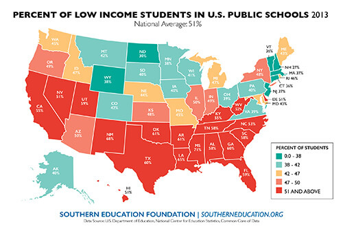 Percent of Low Income Students in U.S. Public Schools 2013. Map and Data courtesy of Steve Suitts and the Southern Education Foundation.