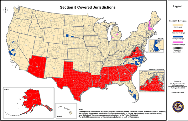 Map of Section 5 covered jurisdictions, 2008. Courtesy of the U.S. Department of Justice.