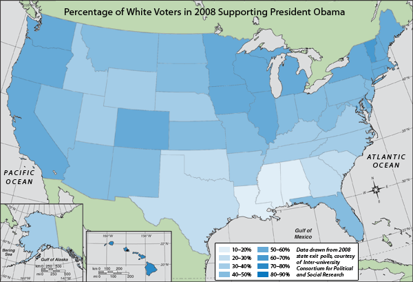 Map of percentage of white voters in 2008 supporting President Obama.