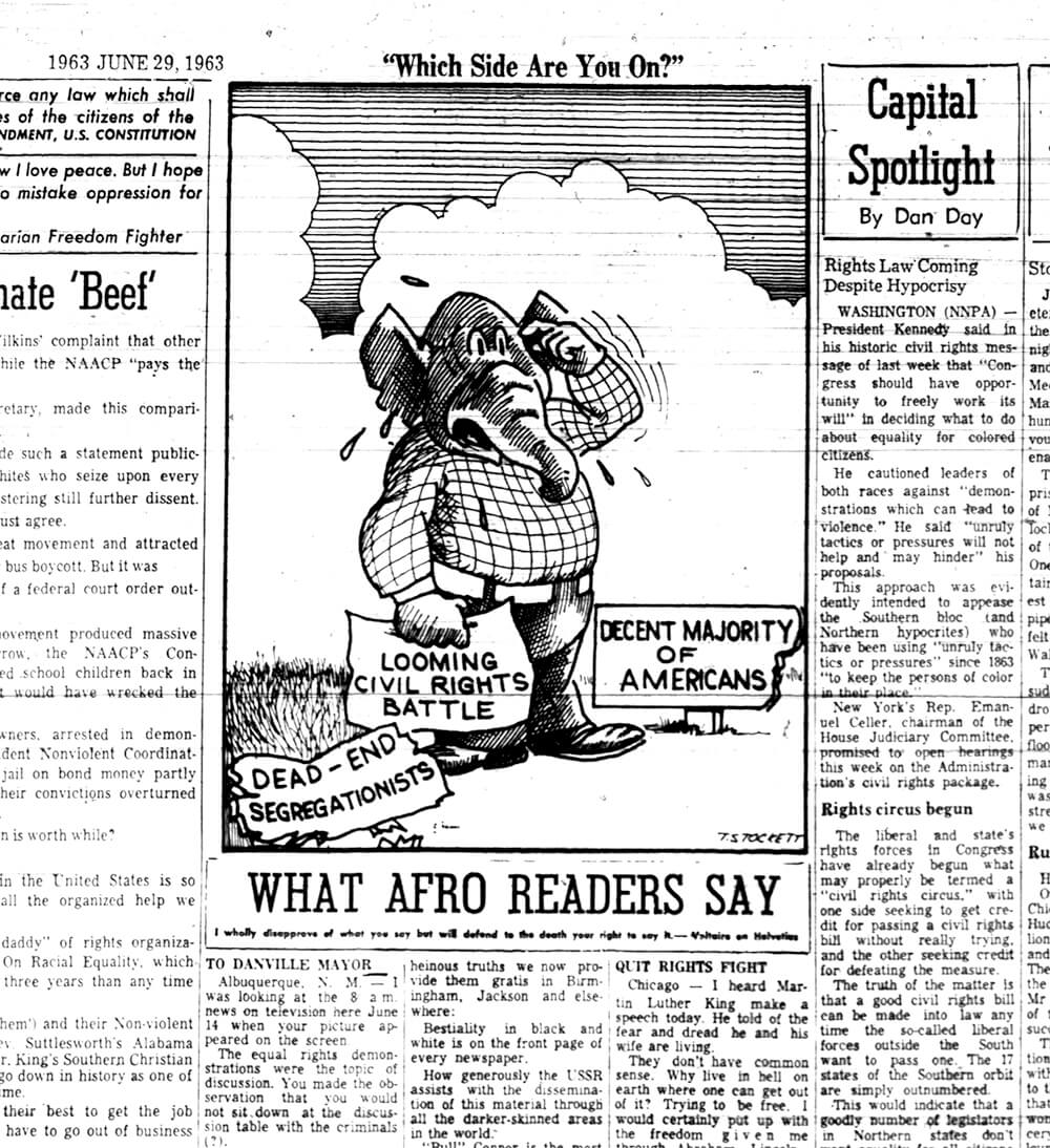 Richmond Afro-American, June 22, 1963. Richmond Afro-American cartoonist T. Stockett consistently poked fun at segregation and showed its inconsistency with American ideals of freedom and democracy. White newspaper cartoonists on the other hand, such as Fred Seibel or Reg Manning, focused on other issues, usually state political battles or the Cold War. African American papers depicted cartoons that constructed a story of resistance and confidence in change. One T. Stockett cartoon featured George Wallace hurling a "States Rights" rock at a huge oncoming tank, labeled "Federal Might." The caption asked, "Is there any doubt about who'll win this one?"