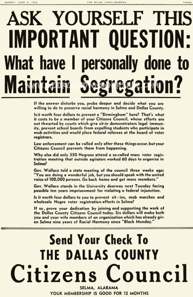 White Citizens Council recruitment flyer for Dallas County, Alabama, The Selma Times Journal, June 4, 1963. Image courtesy of Flickr user elycefeliz. Creative Commons license CC BY-NC-ND 2.0.
