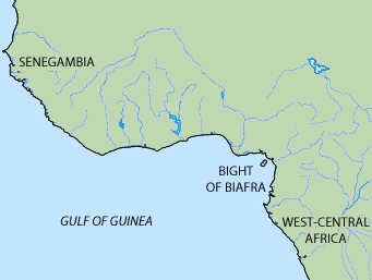 Map of west Africa depicting the prominent regions of origin of Lowcountry Africans, 2013. Map created by Southern Spaces.