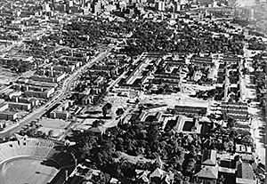 Aerial view of Clark Howell Homes, center, Techwood Homes, left, Georgia Institute of Technology, bottom. Atlanta, Georgia, circa 1940. Photocopy of photograph. Library of Congress Prints and Photographs Division, HABS GA,61-ATLA,63--2.