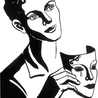 Black and white drawing of person holding a mask