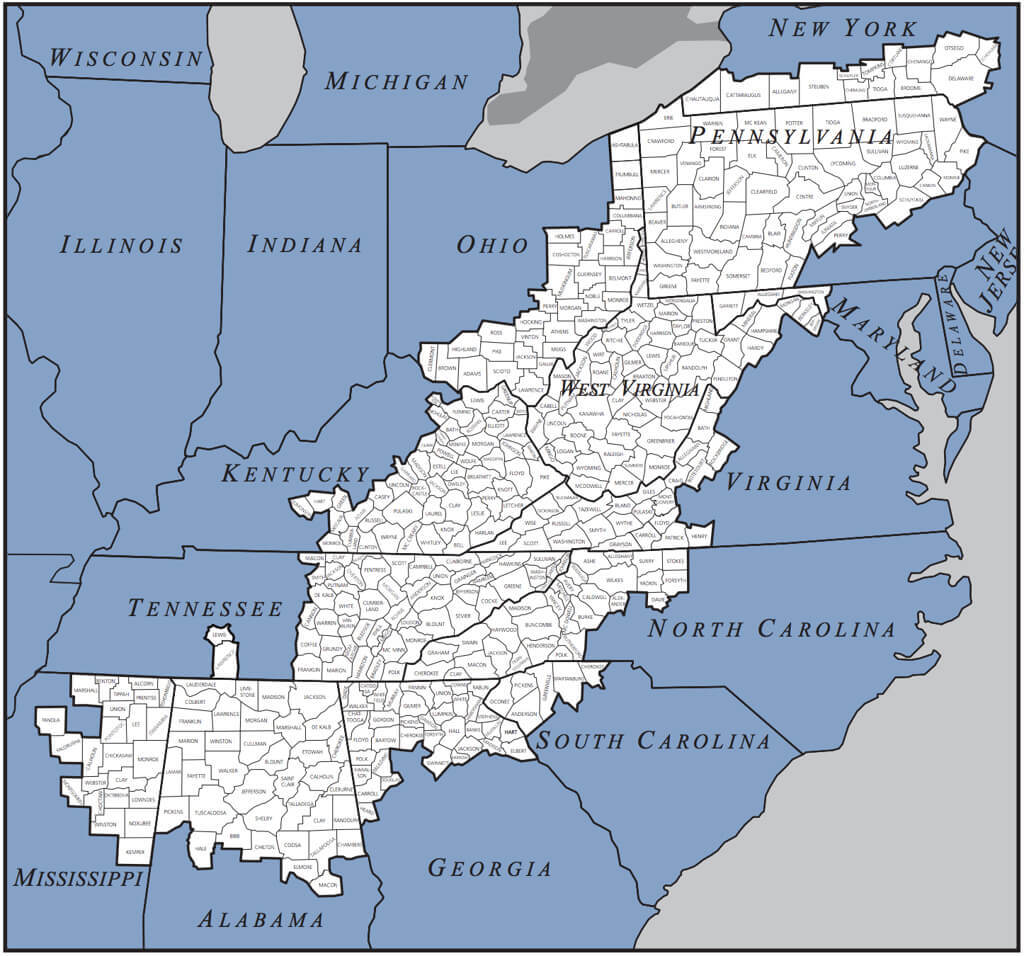 Map highlighting the counties of the Appalachian Region, including parts of northeastern Mississippi, northern and middle Alabama, North Georgia, northwestern South Carolina, western North Carolina, the eastern half of Tennessee, western Virginia, eastern half of Kentucky, eastern Ohio, all of West Virginia, western Maryland, most of Pennsylvania, and southern counties of New York state.