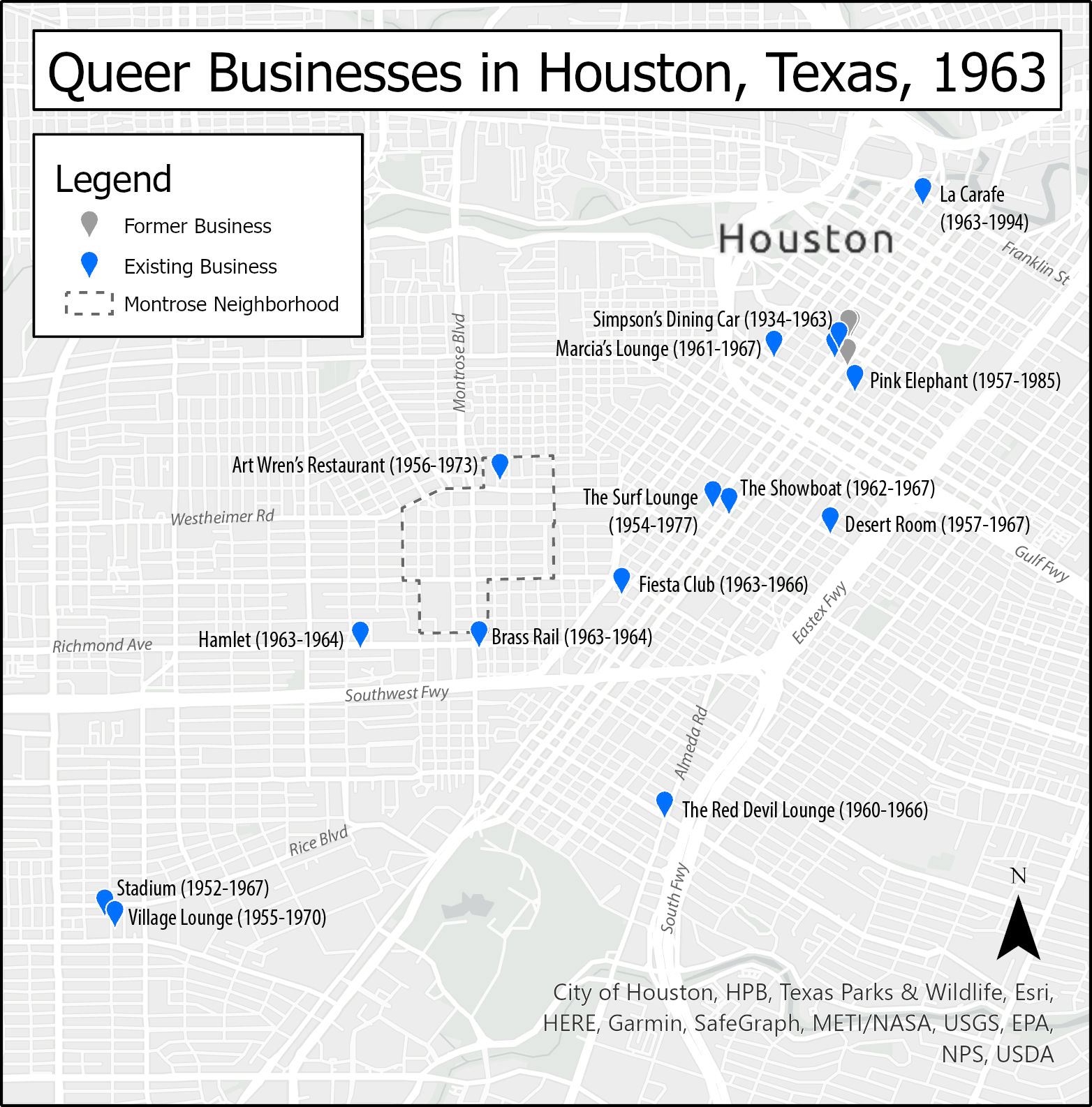 Queer businesses in Houston, Texas, 1963. 