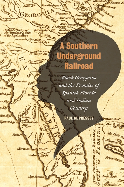 Book cover for Southern Underground Railroad. Black face silhouette on top of map.