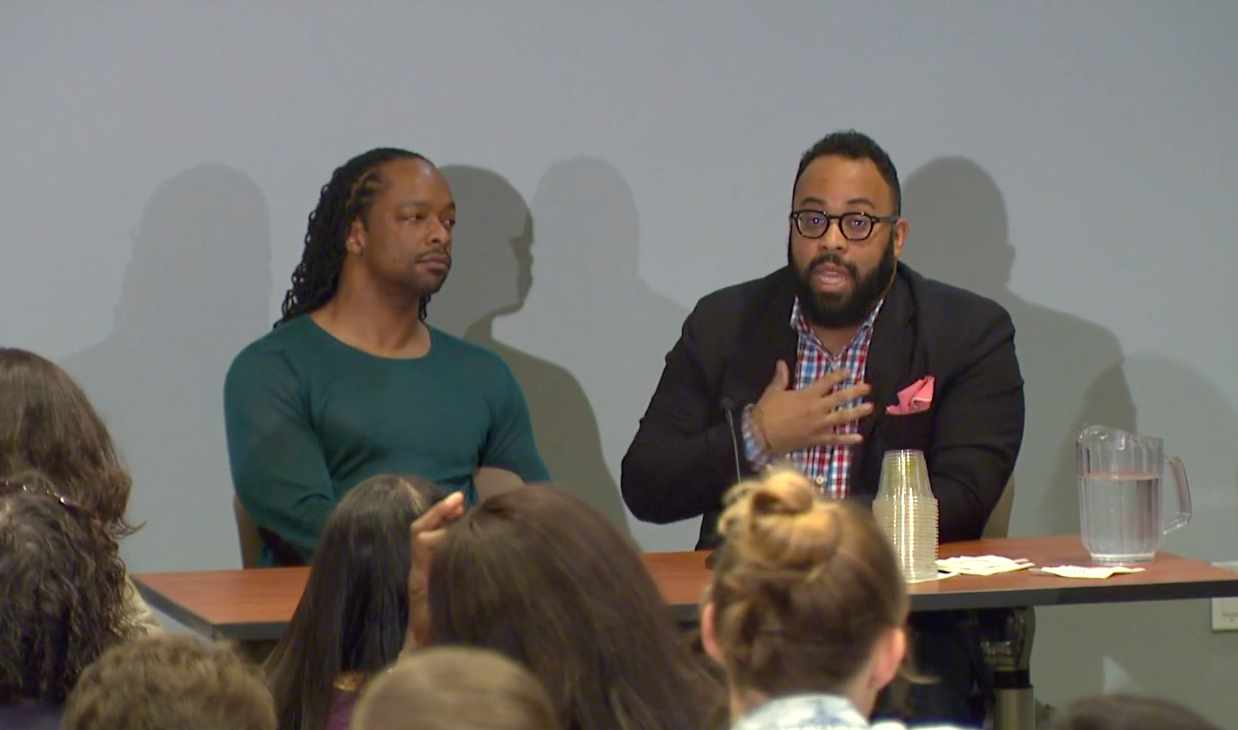 Video still of Jericho Brown and Kevin Young responding to audience questions.