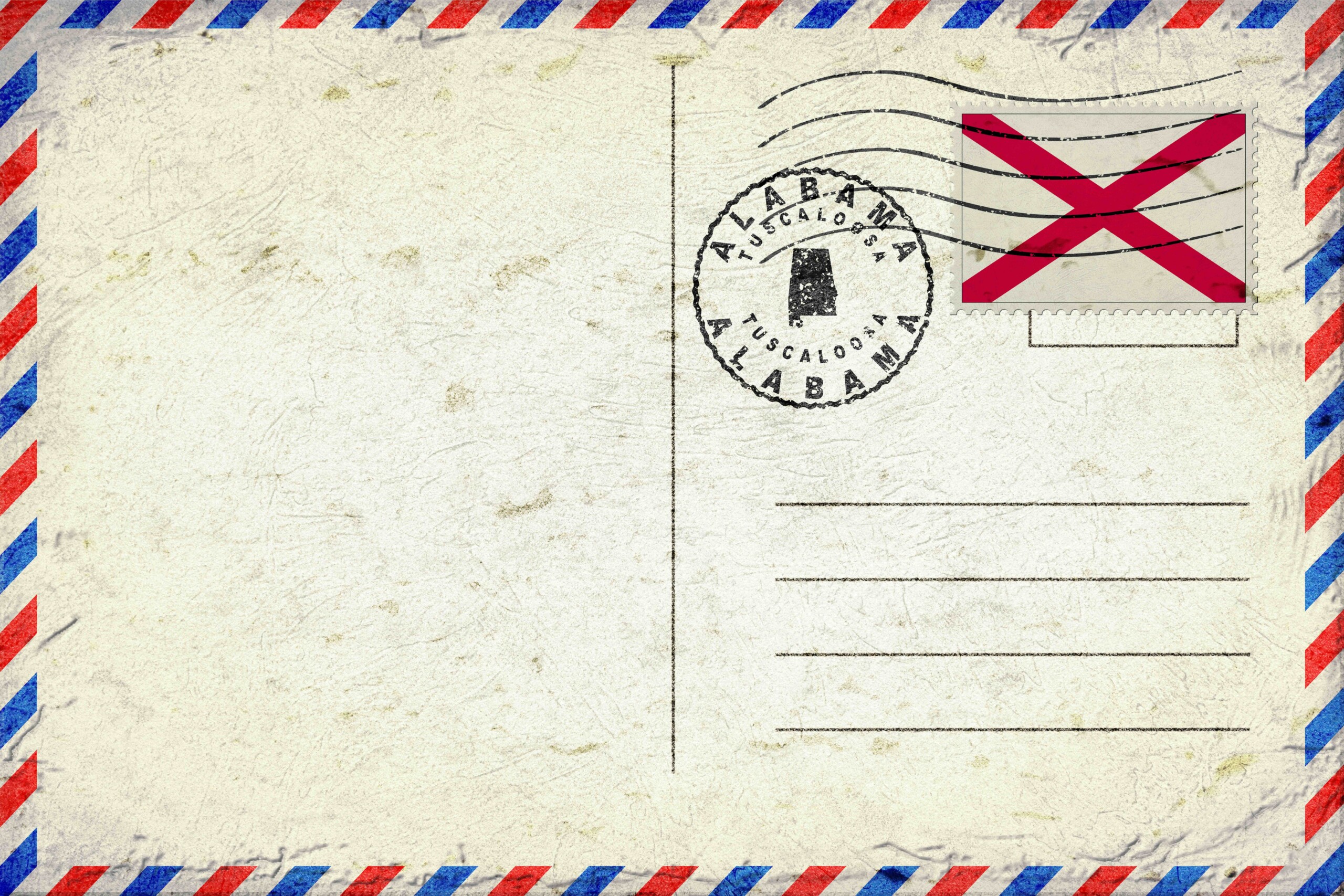 Air mail envelope showing Alabama flag stamp and Tuscaloosa stamp